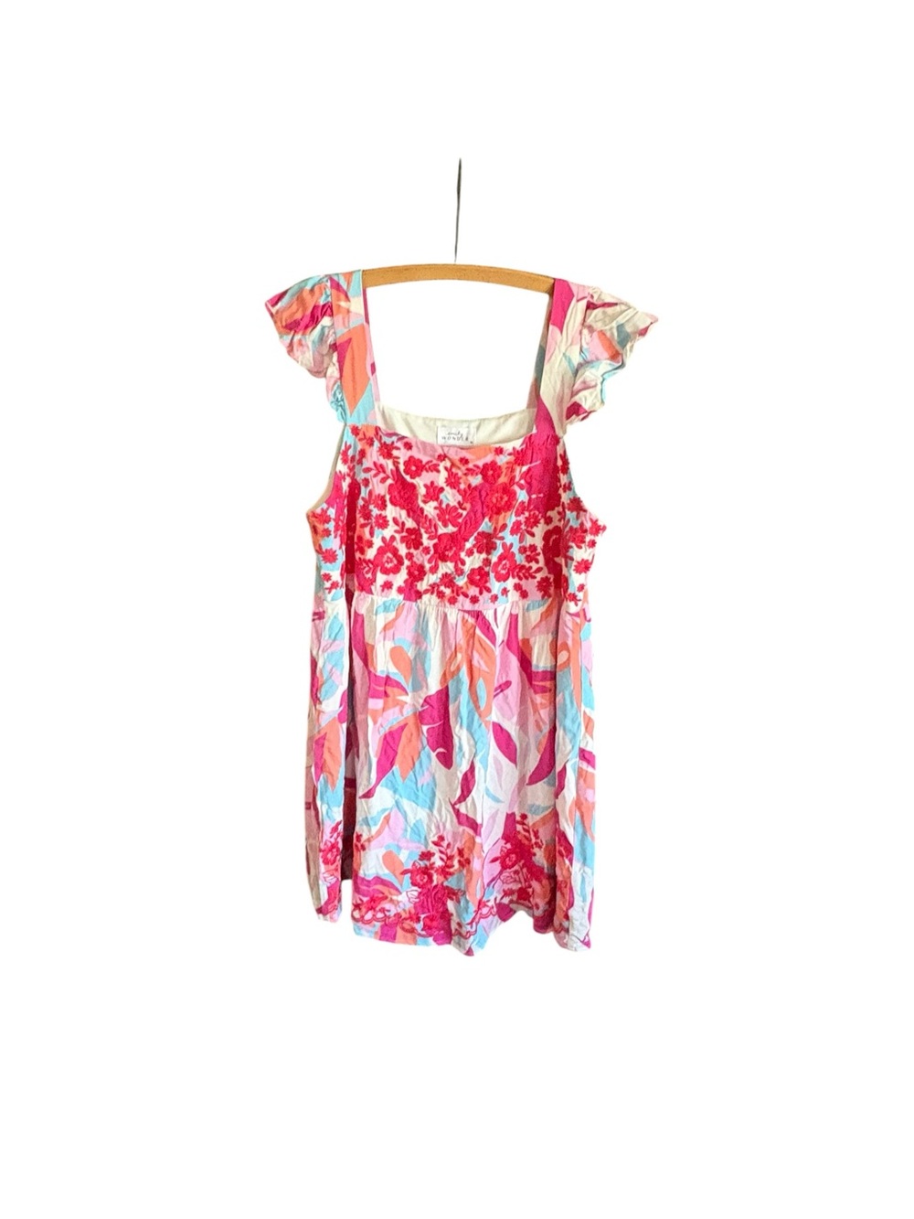 Emily Wonder Embroidered Floral Mini Dress Pink Abstract Boho Babydoll Medium